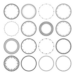 Mechanical clock faces, bezel. Watch dial with minute and hour marks. Timer or stopwatch element. Blank measuring circle scale with divisions. Vector illustration.