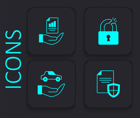 Set Contract with shield, in hand, Broken or cracked lock and Car insurance icon. Black square button. Vector