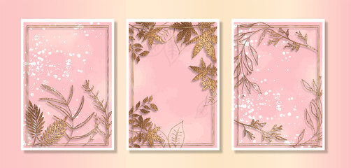Cards set with watercolor and gold plants. Abstract art vector with gold elements. Effective cards with botanical leaves and organic shapes. Watercolor style. Space for your own design.