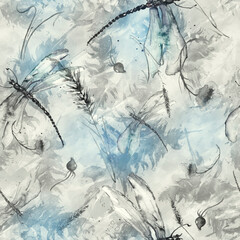 Seamless watercolor abstract background with feathers. Vintage illustration with an abstract paint. For textiles, material, wallpapers. Watercolor card with a picture of dragonfly. wild grass, flower 