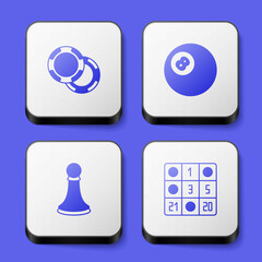 Set Casino chips, Billiard pool snooker ball, Chess pawn and Bingo card icon. White square button. Vector