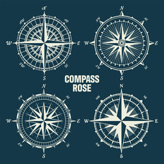 Vintage marine wind rose, nautical chart. Monochrome navigational compass with cardinal directions of North, East, South, West. Geographical position, cartography and navigation. Vector illustration. © 32 pixels
