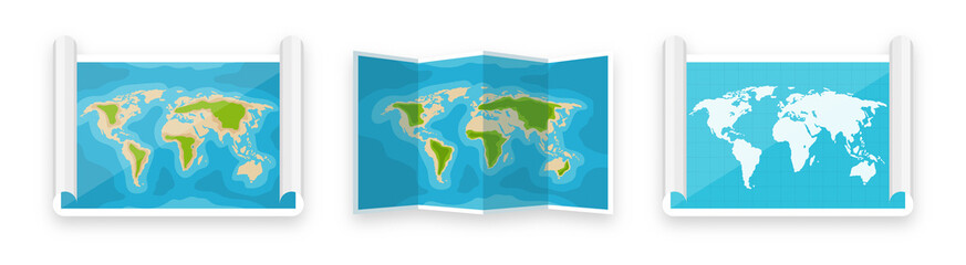 Folded world maps in a flat style. Simplified paper map with shadow. Navigation, route and road trip planning. Vector illustration.