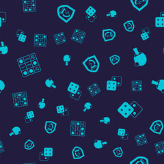 Set Bingo card, Racket, Chess and Game dice on seamless pattern. Vector
