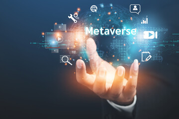 Business man showing the future world of metaverse. Global Internet connection application technology. to build a business and digital marketing Digital Link Technology Big Data
