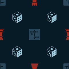 Set Chess, Crossword and Game dice on seamless pattern. Vector