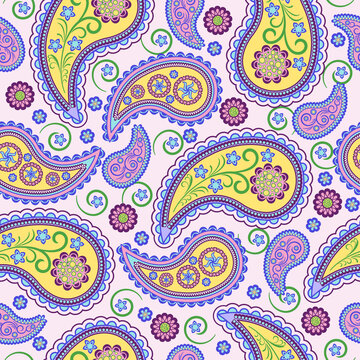Seamless vector pattern, based on traditional oriental paisley elements, Indian cucumber, buta. The background is colorful, suitable for textiles, wallpapers, wrapping paper.
