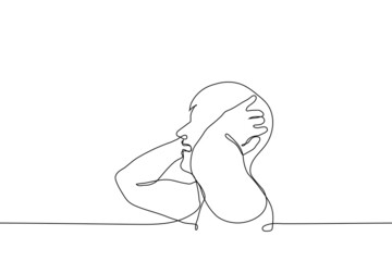 man shouts holding his head with both hands - one line drawing vector. despair, shock, grief, anger, headache or migraine concept