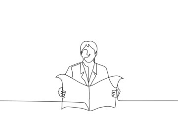 man in jacket holds an open paper newspaper in his hands but looks at the viewer - one line drawing vector. concept businessman reads breaking news; lover of paper newspapers