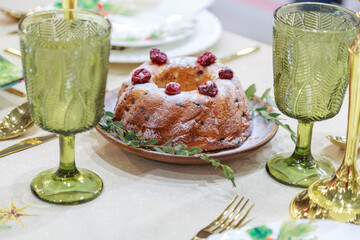 Homemade baking. Pie with cherries on a festive served table. Holiday dinner