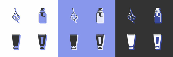 Set Cream or lotion cosmetic tube, Acne, and Bottle of liquid soap icon. Vector