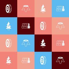 Set pop art Tree rings, stump, and Wooden log icon. Vector