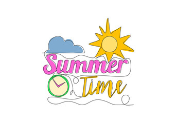 Fototapeta premium Single continuous line drawing of cute and cool travel holiday typography quote - Summer Time. Calligraphic design for print, card, banner, poster. One line draw design vector graphic illustration