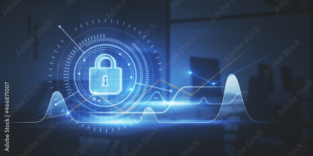 Aufkleber Close up of office workplace with computer and abstract business chart with padlock interface glowing on blurry city background. Investment, stock, safety and account protection concept. 3D Rendering.
