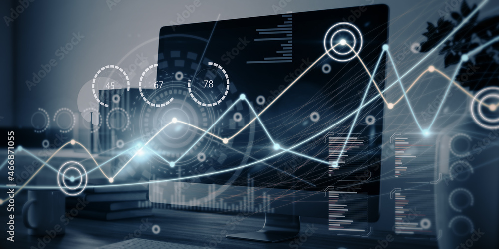 Poster Close up of office workspace with creative glowing business graph and computer monitor on blurry background. Innovation, information and statistics concept. 3D Rendering.
