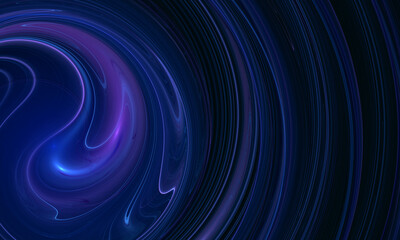 Blue violet fluid neon swirls in deep dark space. Glowing stains of radiance waves, sound vibration, music rhythm in digital artistic 3d representation. Great as concept, background, cover or print. - 466871238