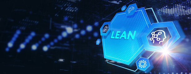 Lean, Six sigma, quality control and manufacturing process management concept on virtual screen. 3d illustration