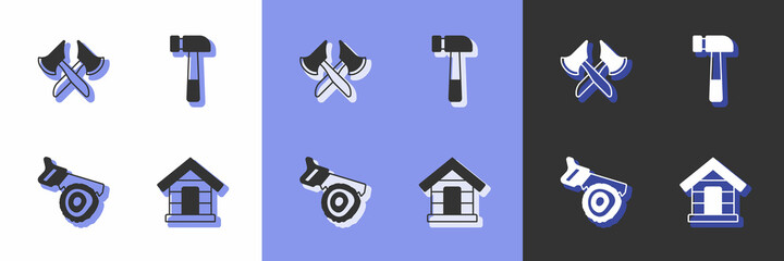 Set Dog house, Wooden axe, Hand saw and log and Hammer icon. Vector