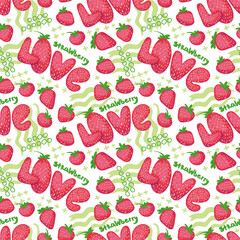 Strawberry hand drawn seamless pattern on white  background for typography, textiles or packaging design. Inscription 