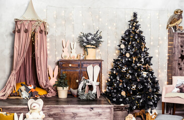 Christmas, New Year decor of the children's room made of natural materials in dark colors
