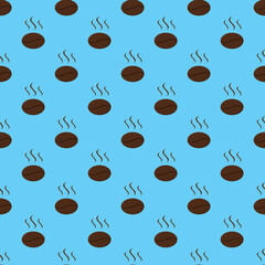 Drawing of images of coffee beans on a pastel blue background. template for overlaying on the surface. seamless pattern. 3D rendering. 3D image