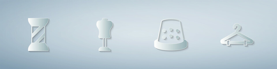 Set Sewing thread on spool, Mannequin, Thimble for sewing and Hanger wardrobe. Paper art style. Vector