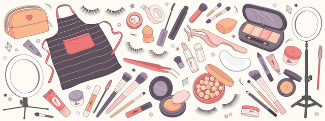 Set of make up products, brushes and tools isolated on background. Vector illustration
