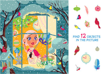 The girl is going to the New Year's carnival. Find 12 objects in the picture. Vector illustration 