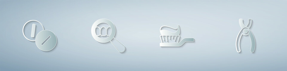 Set Toothache painkiller tablet, Dental search, Toothbrush with toothpaste and pliers. Paper art style. Vector