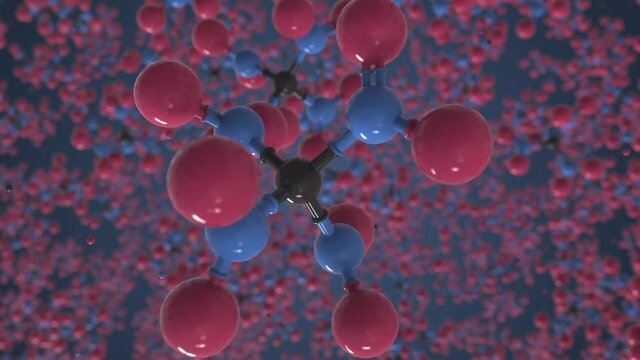 Tetranitromethane molecule made with balls, isolated molecular model. Looping 3D animation or motion background