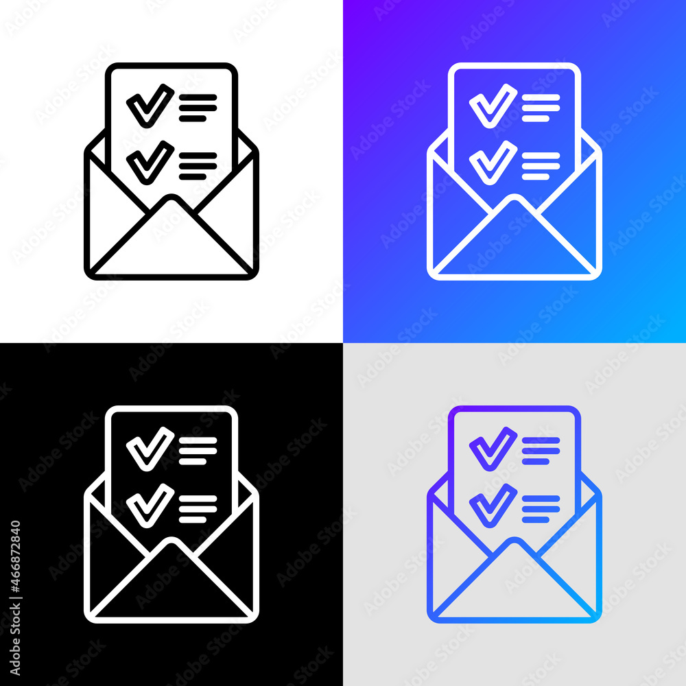 Poster open envelope with letter containing check mark. confirmation of registration. thin line icon. moder