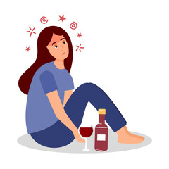 Adult drunk woman sitting with alcohol bottle and wine glass in flat design. Alcoholic character. Alcohol addiction.