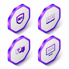 Set Isometric Video chat conference, Question and Answer and icon. Purple hexagon button. Vector