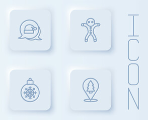 Set line Christmas Santa Claus hat, Holiday gingerbread man cookie, ball and tree. White square button. Vector