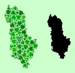 Vector Map of Albania. Mosaic of green grape leaves, wine bottles. Map of Albania mosaic designed from bottles, grapes, green leaves. Abstract mosaic designed for bars purposes.
