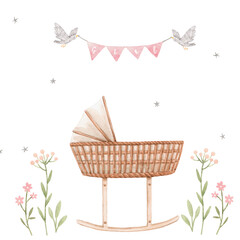 Beautiful composition with hand drawn watercolor baby cradle crib birds and flowers. Stock clip art illustration for girl.