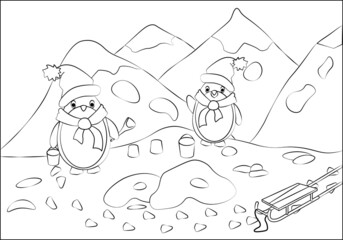 Coloring book for children. A penguin in a hat and scarf is playing in the snow. Mountains, sleds, snow. Assignment for children can be used in a book, magazine	