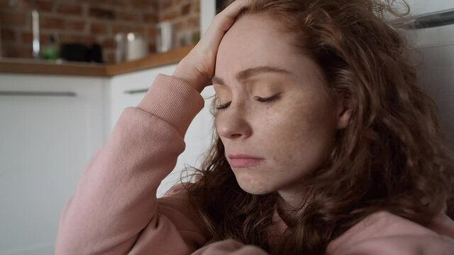 Close up of thoughtful young caucasian woman. Shot with RED helium camera in 8K.