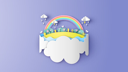 Illustration of rainy season with pond, plants, grass, butterflies, rainbow, cloud and rain drop. Abstract rainy season landscape. Springtime. paper cut and craft style. vector, illustration.