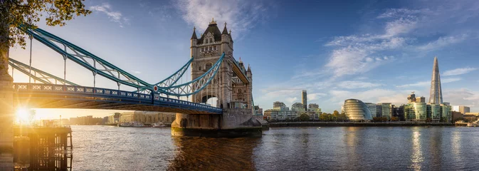 Gordijnen Londen Panorama of the Tower Bridge and cityscape of London, England, during sunrise  © moofushi