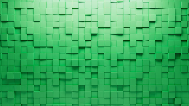 Futuristic, Polished Wall background with tiles. Square, tile Wallpaper with Green, 3D blocks. 3D Render