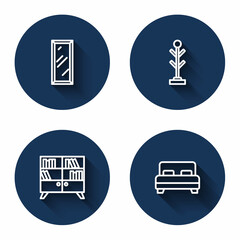 Set line Big full length mirror, Coat stand, Library bookshelf and bed with long shadow. Blue circle button. Vector