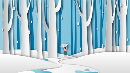 A girl with umbrella walking on footpath winding through rainforest. Rainy season landscape. paper cut and craft style. vector, illustration. © ibom