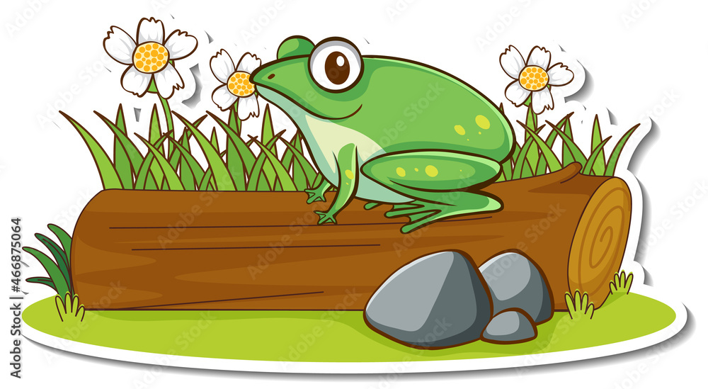 Wall mural A green frog standing on a log sticker