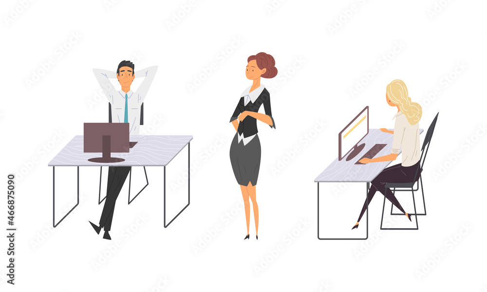 Poster man and woman office employee at desk with computer working vector set