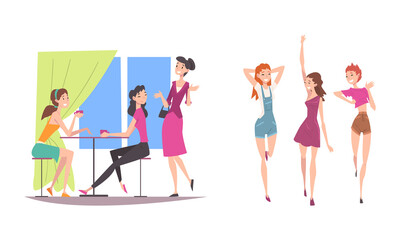 Group of Female Friend Spending Time Together Drinking Tea and Gossiping Vector Illustration Set