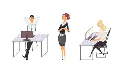 Man and Woman Office Employee at Desk with Computer Working Vector Set