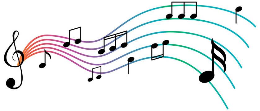 Musical symbols wave on white background