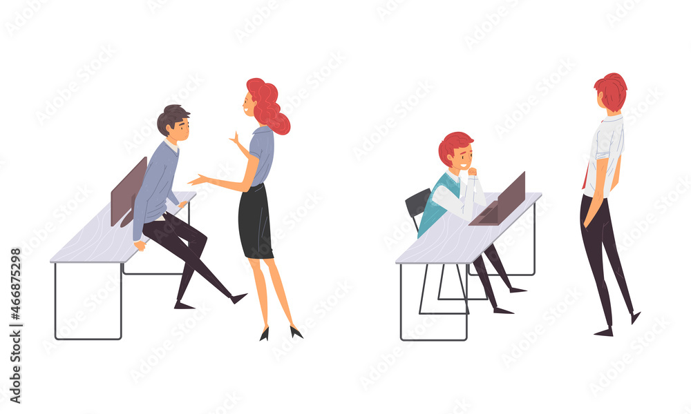 Aufkleber man and woman office employee at desk with computer working vector set