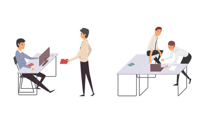 Man Office Employee at Desk with Computer Working Vector Set